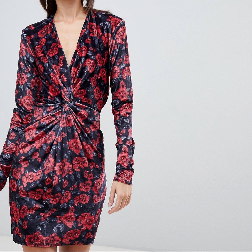 Club L floral printed knitted front velvet dress